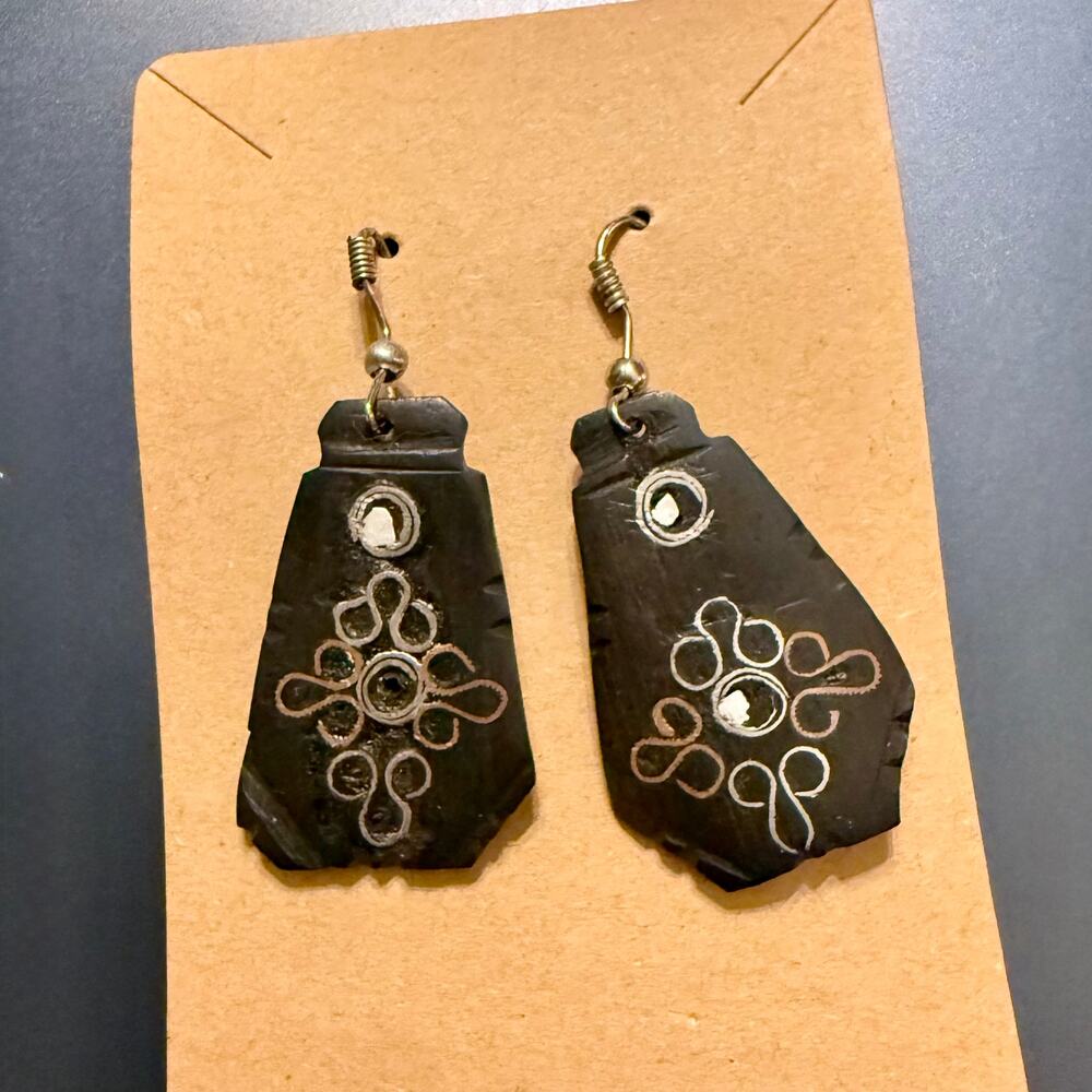 Handcrafted Artisan Mixed Metal Embossed Wooden Earrings - Picture 1 of 7